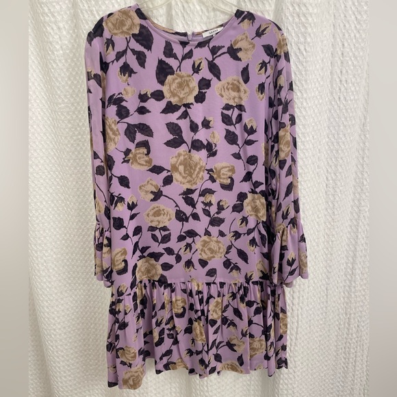 Ganni Carlton Georgette Dress Pastel Floral Purple Lilac Drop Waist. Size 8. - Picture 2 of 4